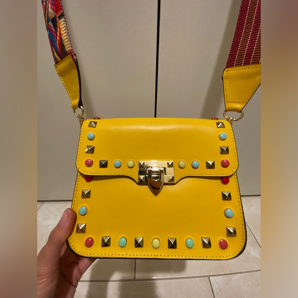 NEW yellow fashion bag with color print strap and stones